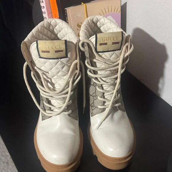 Gucci GG Monogram Combat Boots – White Leather – Size 40 – Authentic